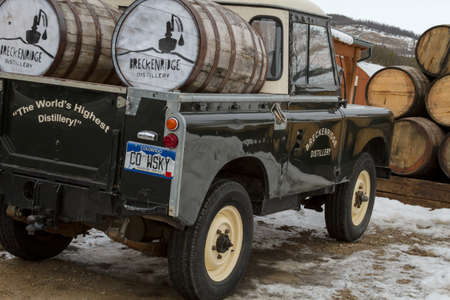Breckenridge Distillery truck parked in snow with whiskey and vodka barrelsのeditorial素材