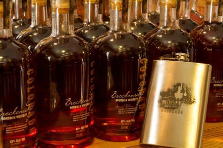 Rows of Breckenridge bourbon whiskey bottles at Breckenridge Distilleryのeditorial素材