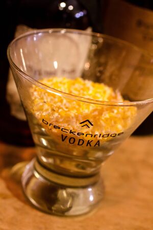 Breckenridge Vodka grains display in branded drinking glassのeditorial素材