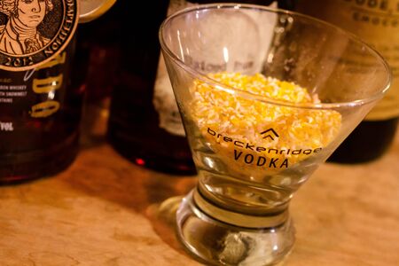 Breckenridge Vodka grains display in branded drinking glassのeditorial素材