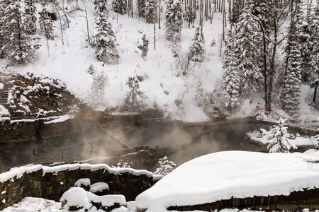 Strawberry Park Hot Spings natural hot springs in winter after freshly fallen snowのeditorial素材