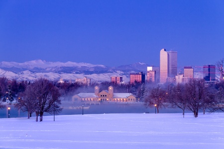 Denver Colorado skyline at sunrise, day after winter snow storm from City Park and Denver Museum of Science and Natureのeditorial素材