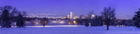 Panorama of Denver Colorado skyline at sunrise, day after winter snow storm from City Park and Denver Museum of Science and Natureのeditorial素材