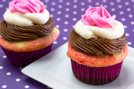 2 neapolitan frosted cupcakes sitting on white plate on purple polka dot backgroundの写真素材