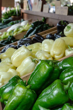 Table full of locally grown vegetables for sale at local farmers marketの写真素材
