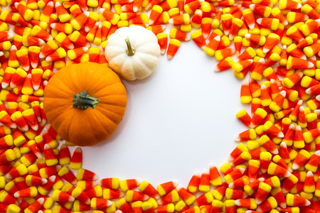 Candy corn with orange and white pumpkins 
の写真素材