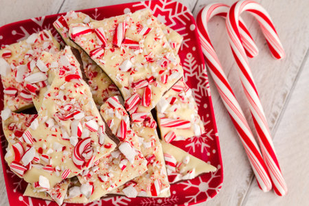 Holiday plate filled with chocolate peppermint bark and 2 candy canesの写真素材