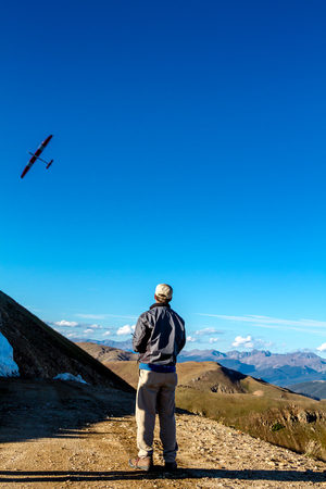 JONES PASS-EMPIRE/PARSHALL, COLORADO/U.S.A. â September 7, 2014: Model airplane and drone testing on the top of the Continental Divide at Jones Pass wilderness area in the Colorado Rocky Mountains on September 7, 2014 in Empire/Parshall, Coloradoのeditorial素材