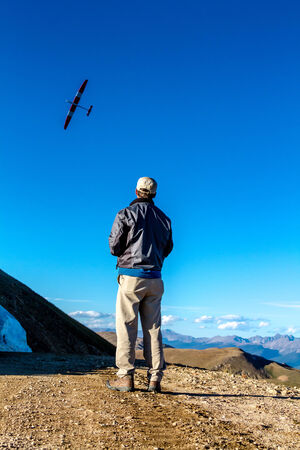 JONES PASS-EMPIRE/PARSHALL, COLORADO/U.S.A. â September 7, 2014: Model airplane and drone testing on the top of the Continental Divide at Jones Pass wilderness area in the Colorado Rocky Mountains on September 7, 2014 in Empire/Parshall, Coloradoのeditorial素材