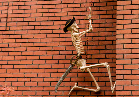 Halloween pirate skeleton decoration climbing brick wall