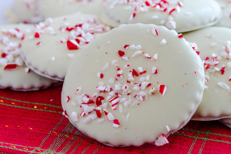 Homemade peppermint cookies covered with white chocolate sitting on festive holiday napkinの写真素材