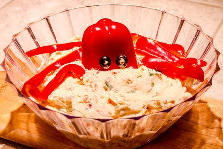 Salmon pate and cream cheese dip in glass bowl with red pepper octopus garnish sitting on wooden cutting boardの写真素材