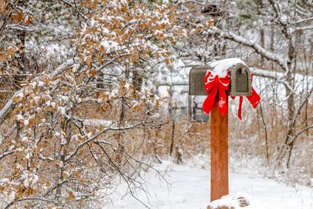 Snow covered mailbox with bright red holiday ribbon on snowy winter dayの写真素材