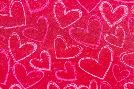Red chalk board background with hand drawn pink and white hearts