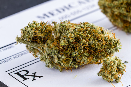 Close up of medical marijuana buds sitting medical prescription pad on black backgroundの写真素材