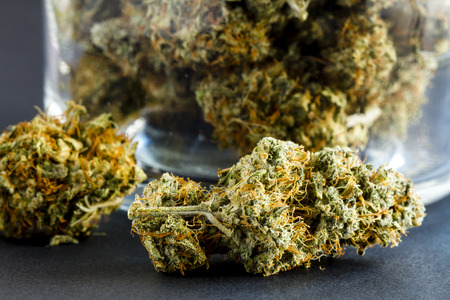 Close up of medical marijuana buds sitting next to glass jar on black backgroundの写真素材