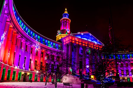 DENVER COLORADO / USA - November 29, 2015, Special holiday light display of landmark or Denver City and County Building November 29, 2015 in Denver, Coloradoのeditorial素材