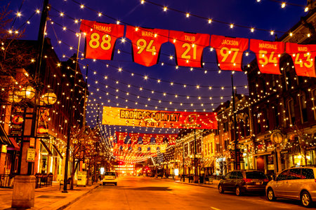 DENVER COLORADO / USA - January 17, 2016: Special light and sign display of NFL Team Denver Broncos United in Orange campaign for 2016 NFL Playoffs January 17, 2016 in Denver, Coloradoのeditorial素材