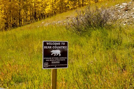 Bear Country warning sign in the Rocky Mountains of Colorado on sunny fall afternoonの写真素材