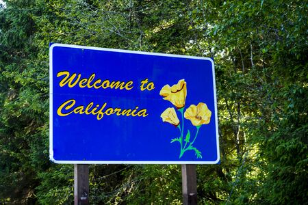 Welcome to California state sign on highway upon entering state border of Californiaのeditorial素材