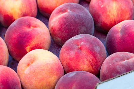 Close up of large box filled with rows of fresh picked yellow peaches for sale at farmers market