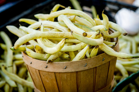 Fresh picked yellow wax beans on display for sale at farmers marketの写真素材