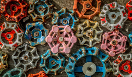 Collection of colorful industrial value knobs on aged wooden backgroundの写真素材