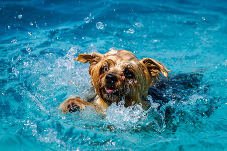 Close up of Yorkshire Terrier swimming in local swimming pool water on summer afternoon