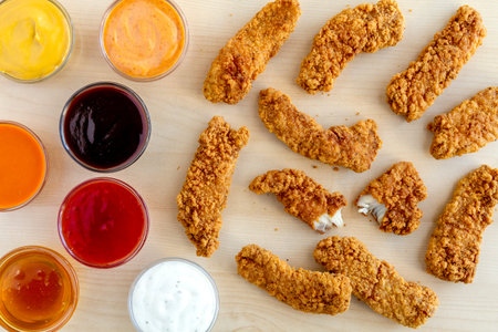 Fried chicken fingers with various dipping sauces in glass bowls sitting on wooden counter