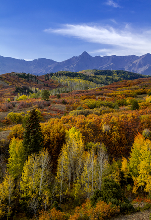 Early morning light over colorful mountain valley along Dallas Divide near Ridgway Coloradoの写真素材
