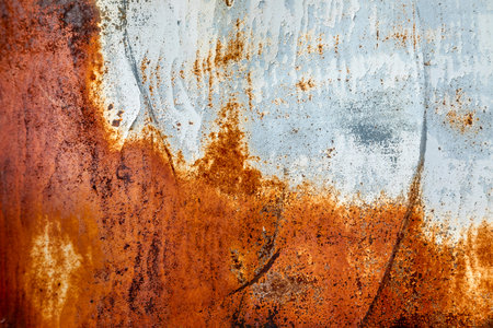 Background of weathered and rusted metal panel with oranges, browns and grays