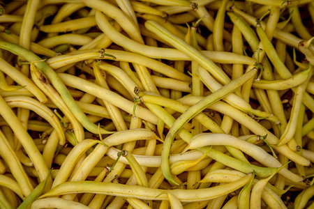 Bin filled with yellow green beans for sale at local farmers marketの写真素材