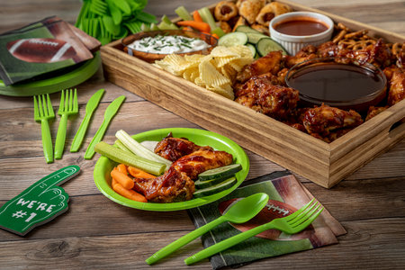 Display of football tailgate party foods in a wooden box filled with chicken wings, wieners, chips, pretzels, vegetables, dips and sauces surrounded by football themed decorationsの写真素材