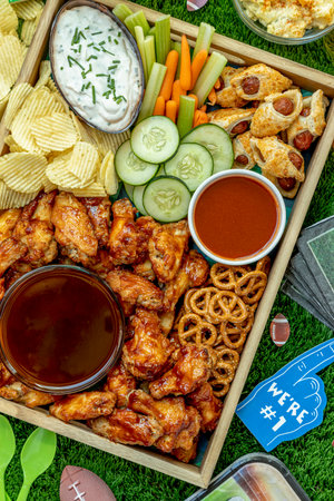 Close up wooden tray filled with football game day tailgate party food and snacks with wings, wieners, chips, dips and sauces with football themed decorationsの写真素材