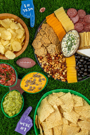 Football tailgate themed party food display with bowls of chips, platter of cheese, crackers, olives, nuts, salami and nuts with spinach articoke dip, salsa, cheese dip and guacamole, portrait orientationの写真素材