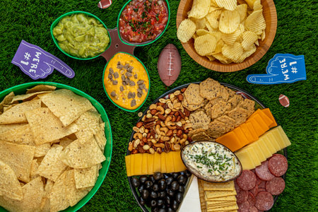 Display of bowls of chips, platter of cheese, crackers, olives, nuts, salami and nuts with spinach articoke dip, salsa, cheese dip and guacamole and football tailgate themed party decorations horizontal orientationの写真素材