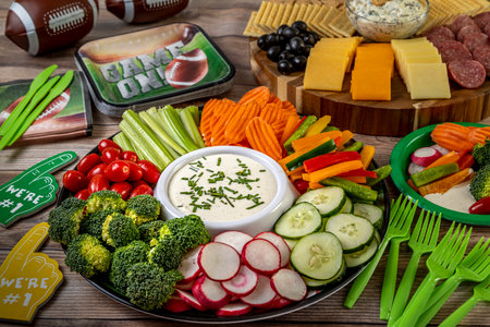 Football tailgate themed party food display with vegetable platter with ranch dressing dip, meat, cheese and cracker tray with spinach artichoke dip ready for game dayの写真素材