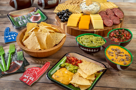Football party food display with tortilla chips, guacamole, salsa, and queso dips and meat, cheese and cracker tray on wooden table ready for game day celebrationの写真素材