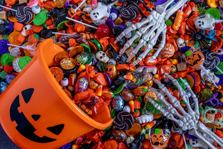 Skeleton hands grabbing a variety of Halloween candy spilling out of an orange pail with happy black jack o'lantern face printed on sideの写真素材