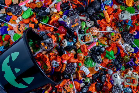 Black candy pail with glowing green jack o' lantern face on side and assortment of Halloween candy spilling out onto tableの写真素材