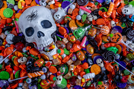 Close up of a scary Halloween skull with mouth open and filled with candy and a black spider on forehead, sitting in an assortment of Halloween candy spread out on table topの写真素材