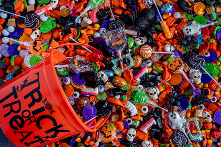 Orange candy bucket with black printed Trick or Treat words on side and assortment of Halloween candy spilling out onto tableの写真素材