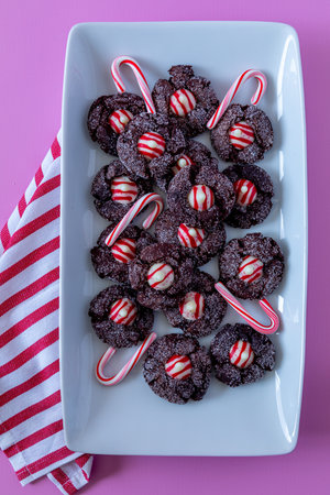 Peppermint chocolate blossom cookies stacked on white rectangle plate, with candy canes and red and white striped napkin, sitting on bright pink backgroundの写真素材