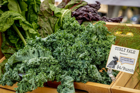 Display of curly kale in wooden box for sale at local summer outdoor farmers marketのeditorial素材