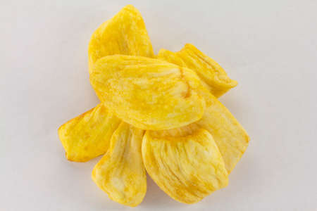 Dried slices Jack fruit on a white backgroundの写真素材