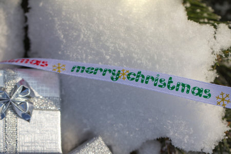 Christmas decoration box (silver) on a snowy Christmas tree