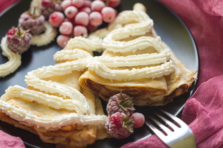 Pancakes with berries and cottage cheeseの写真素材