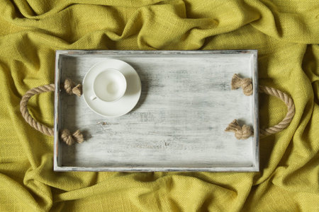 Breakfast tray with  a cup for coffee - top viewの写真素材