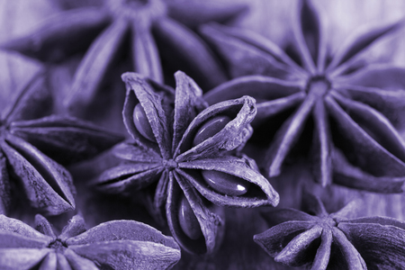 Star anise on a wooden background. Toning in pantone color - ultra violet. Macro.の写真素材