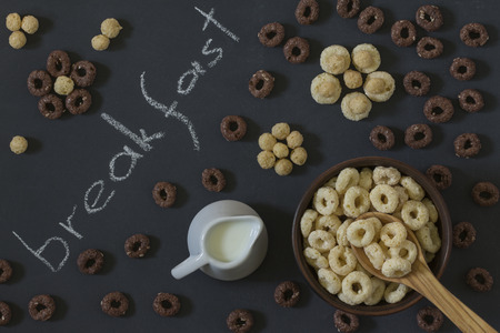 Bowl of Whole Grain Cereal rings with milk on a background of a black chalkboard. top view.の写真素材
